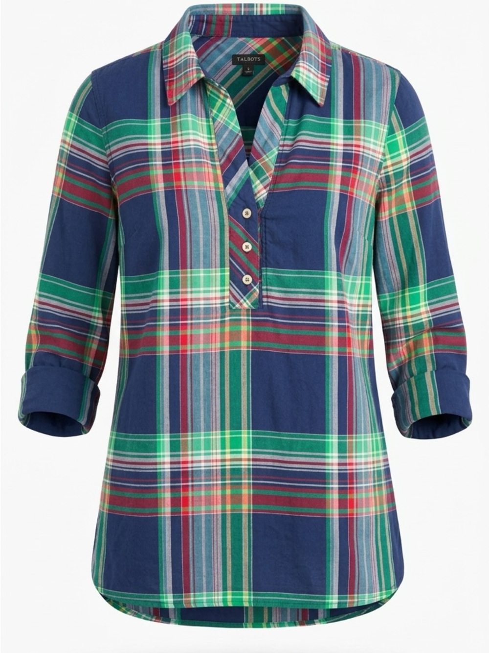Talbots Navy, Green and Red Plaid Button-Front Tunic